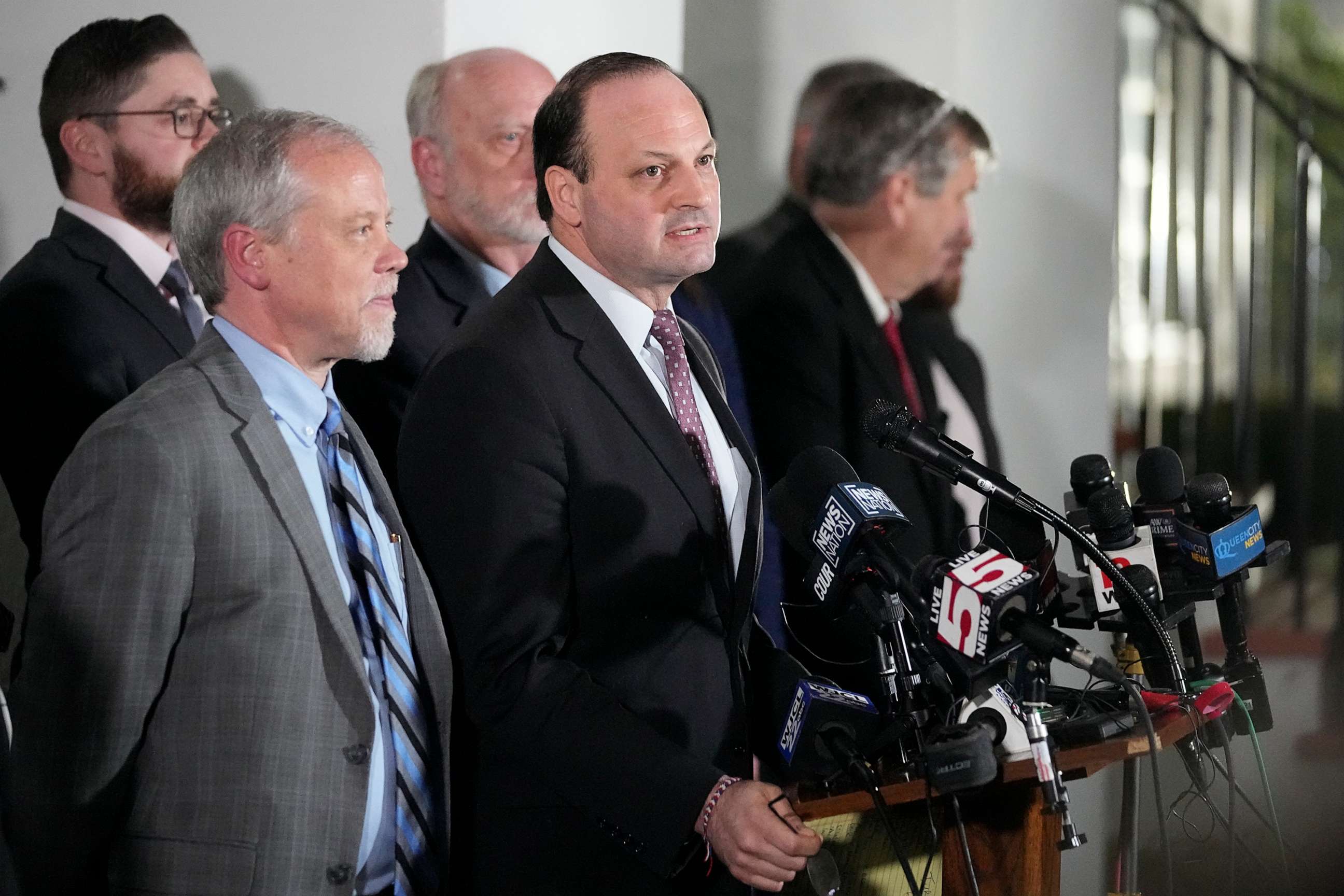 PHOTO: South Carolina Attorney General Alan Wilson talks to the media after the conviction of Alex Murdaugh outside the Colleton County Courthouse on March 2, 2023, in Walterboro, S.C.