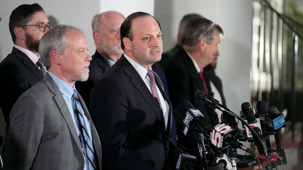 PHOTO: South Carolina Attorney General Alan Wilson talks to the media after the conviction of Alex Murdaugh outside the Colleton County Courthouse on March 2, 2023, in Walterboro, S.C.