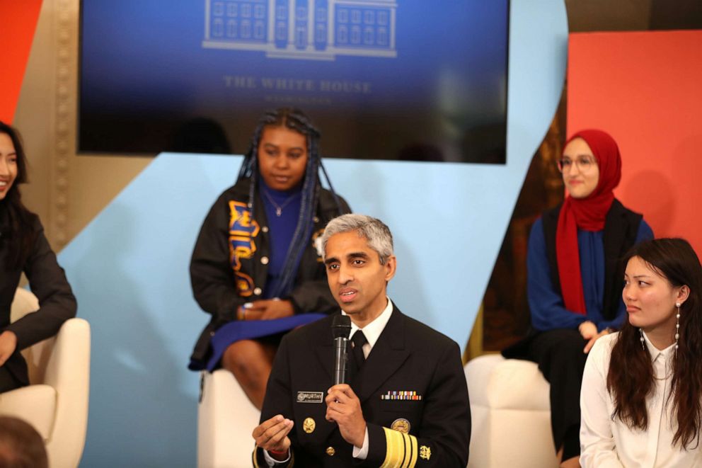 PHOTO: On May 18, 2022, Dr. Vivek Murthy speaks on stage as MTV Entertainment hosts first ever Mental Health Youth Forum at The White House in Washington. 