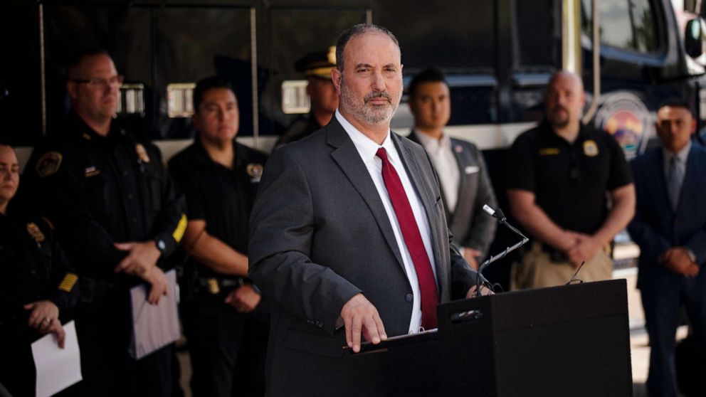 PHOTO: Ahmad Assed, president of the Islamic Center of New Mexico, speaks at a news conference about the murders of four Muslim men in Albuquerque, Aug. 7, 2022.