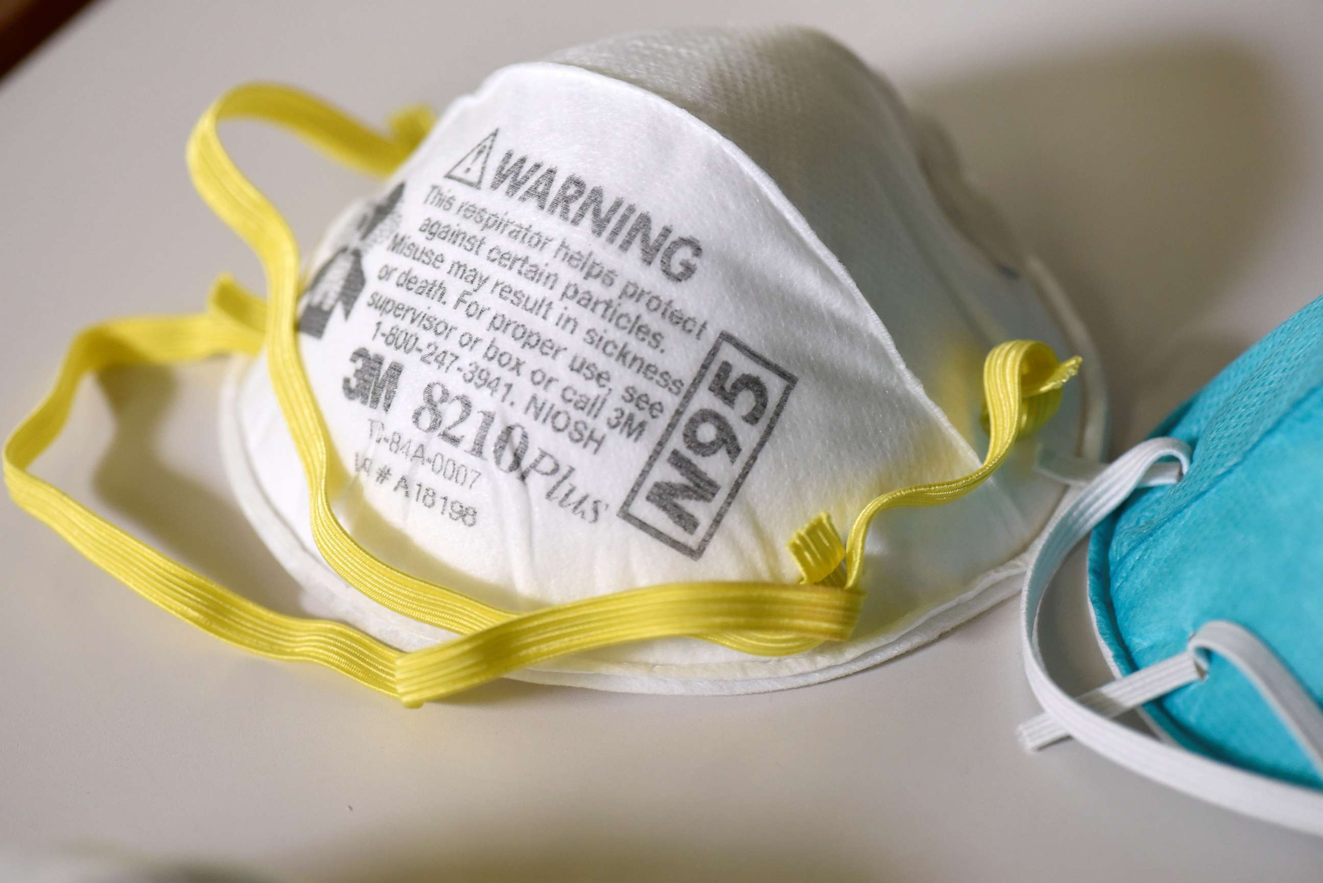 PHOTO: In this March 4, 2020, file photo, various N95 respiration masks are shown at a laboratory of 3M.