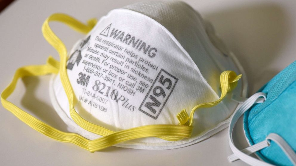 PHOTO: In this March 4, 2020, file photo, various N95 respiration masks are shown at a laboratory of 3M.