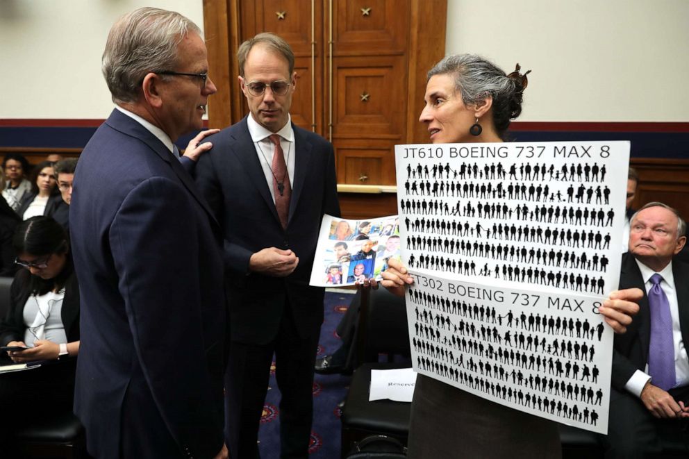 PHOTO: FAA's acting administrator talks with Michael Stumo and Nadia Milleron before a hearing of the House Transportation and Infrastructure Committee's Aviation Subcommittee about the Boeing 737 MAX airplane on Capitol Hill, May 15, 2019, in Washington.