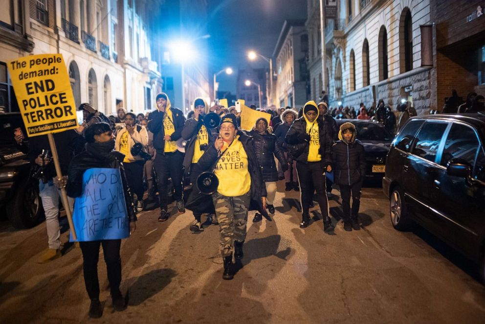 PHOTO: Demonstrators rally for fallen Paterson, New Jersey activist Najee Seabrooks during a peaceful rally and protest at Paterson City Hall and Paterson Police station on March 7, 2023.