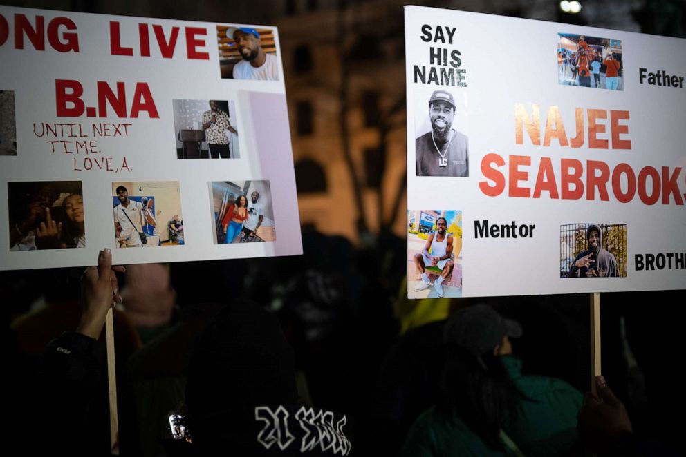 PHOTO: Demonstrators rally for fallen Paterson, New Jersey activist Najee Seabrooks during a peaceful rally and protest at Paterson City hall and Paterson Police station, on March 7, 2023.