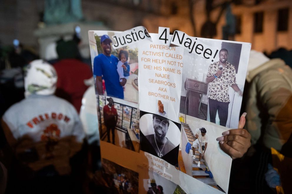 PHOTO: Demonstrators rally for fallen Paterson, New Jersey activist Najee Seabrooks during a peaceful rally and protest at Paterson City hall and Paterson Police station, on March 7, 2023.