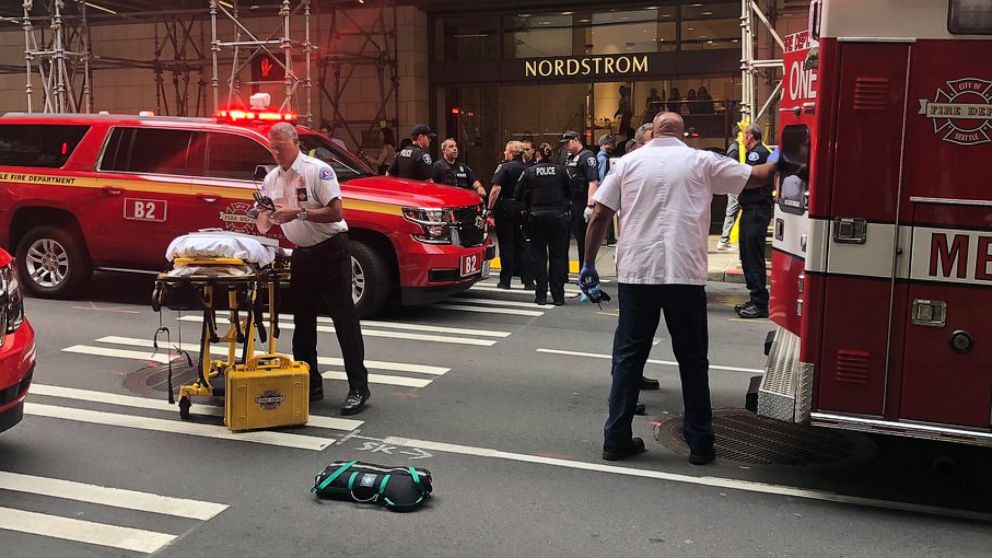 PHOTO: Police and paramedics respond near the scene of a stabbing that took place in Seattle, July 9, 2019.