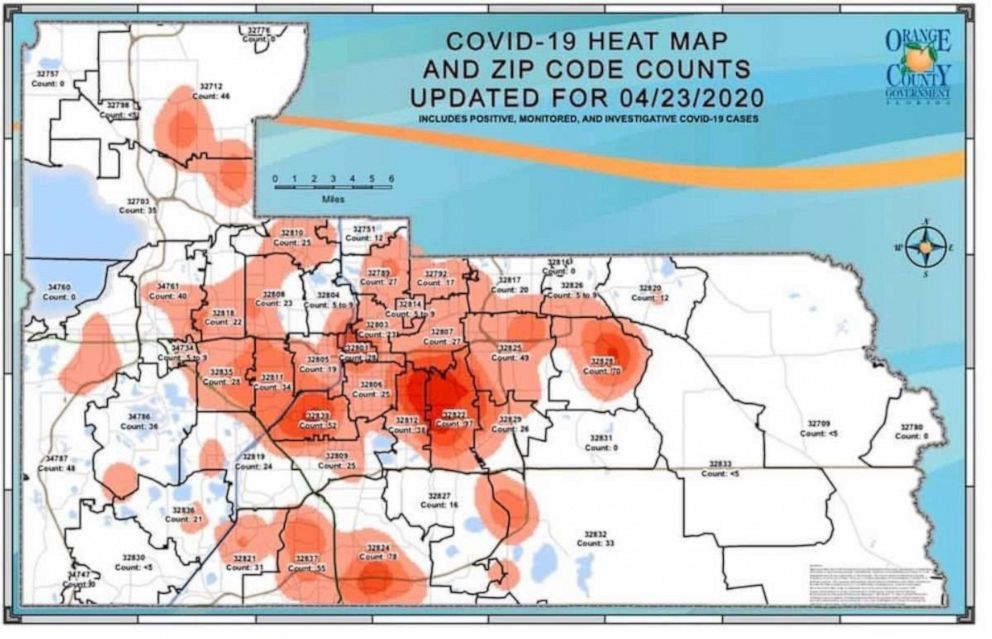 PHOTO: "Hot Zip" map shows the highest concentration of COVID-19 cases in Orange County on April 23.