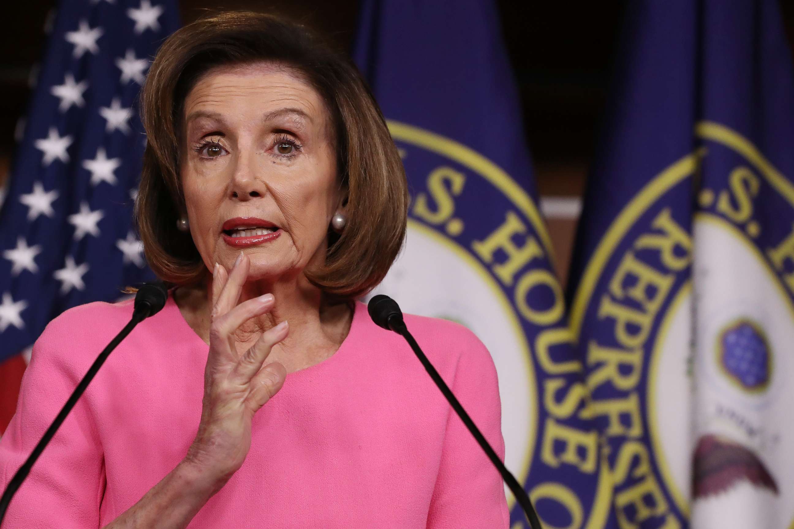 PHOTO: House Speaker Nancy Pelosi talks to reporters at a news conference about legislation addressing the ongoing coronavirus outbreak March 26, 2020, in Washington.