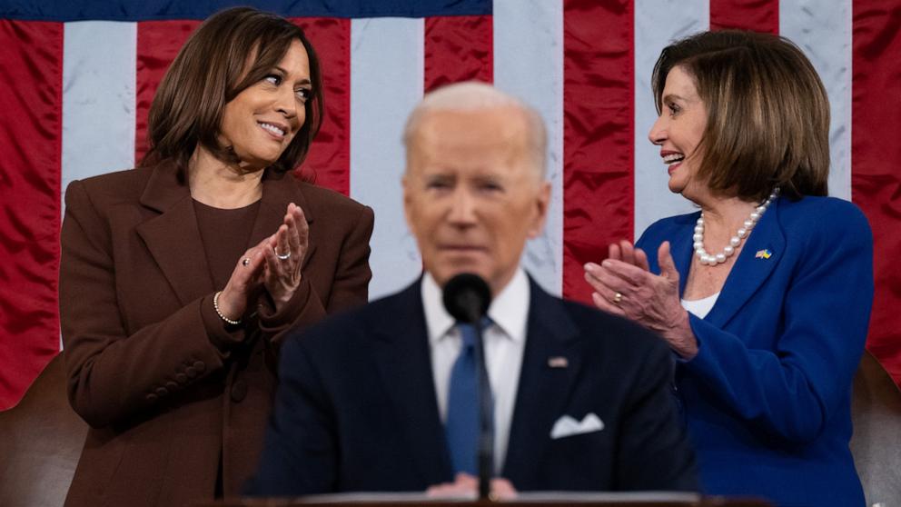 PHOTO: Vice President Kamala Harris and Speaker Nancy Pelosi applaud as President Joe Biden delivers his first State of the Union address in Washington, Mar. 1, 2022.