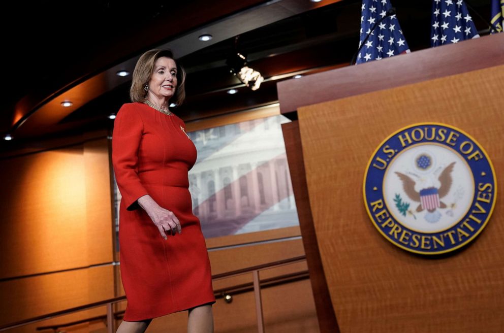 PHOTO: Speaker of the House Nancy Pelosi meets with reporters on the morning after the House of Representatives voted to impeach President Donald Trump, at the Capitol in Washington, Dec. 18, 2019.