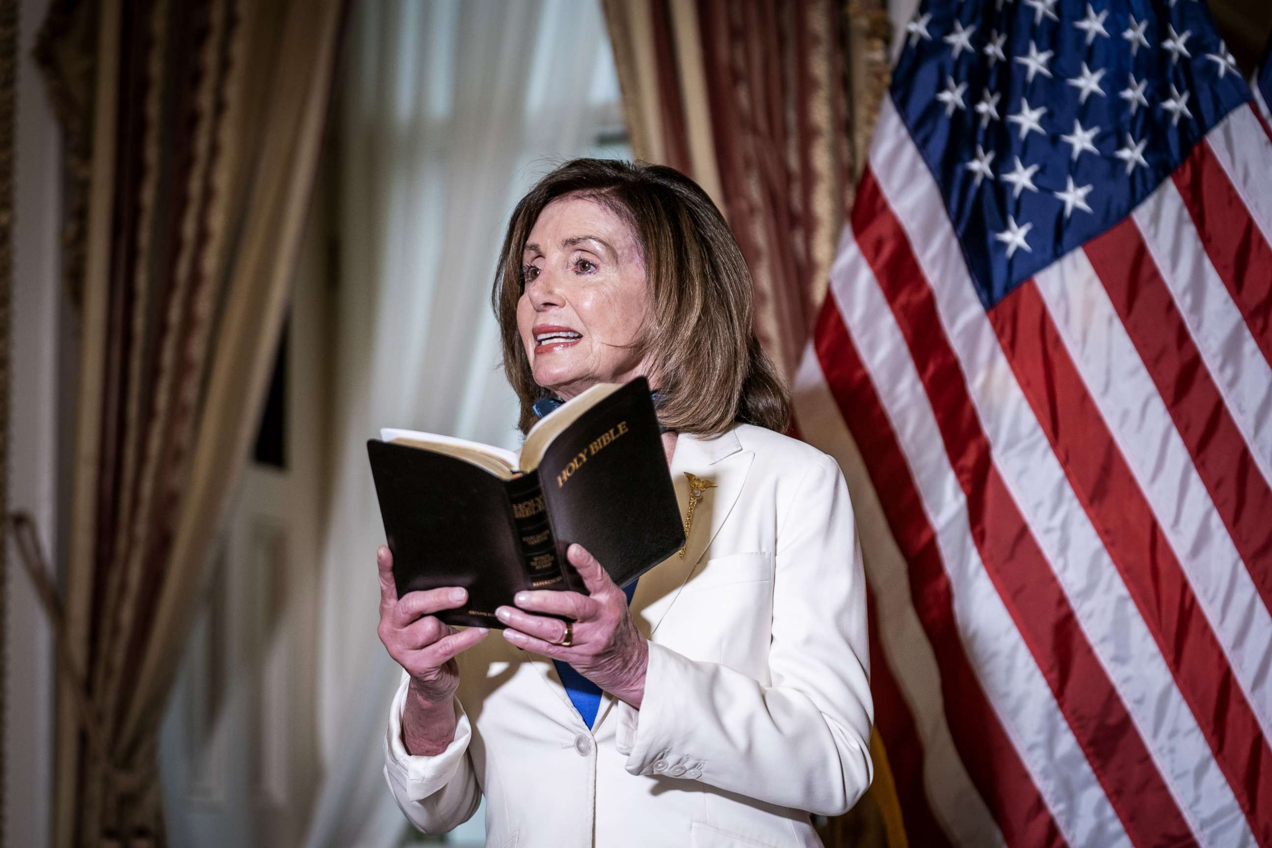 PHOTO: House Speaker Nancy Pelosi speaks while holding a bible during an event at the U.S. Capitol in Washington, June 2, 2020.