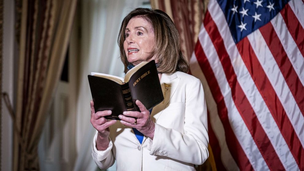 PHOTO: House Speaker Nancy Pelosi speaks while holding a bible during an event at the U.S. Capitol in Washington, June 2, 2020.