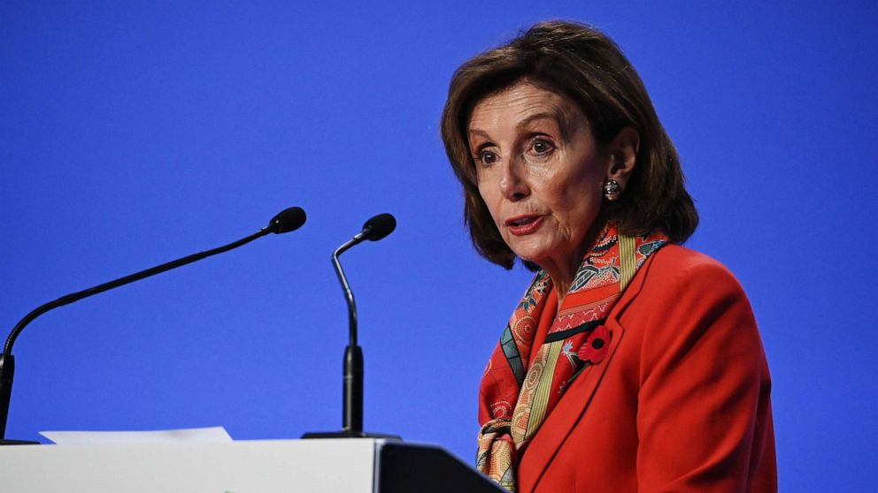 PHOTO: Nancy Pelosi speaks at press conference during the 2021 climate summit, Nov. 9, 2021 in Glasgow, Scotland.