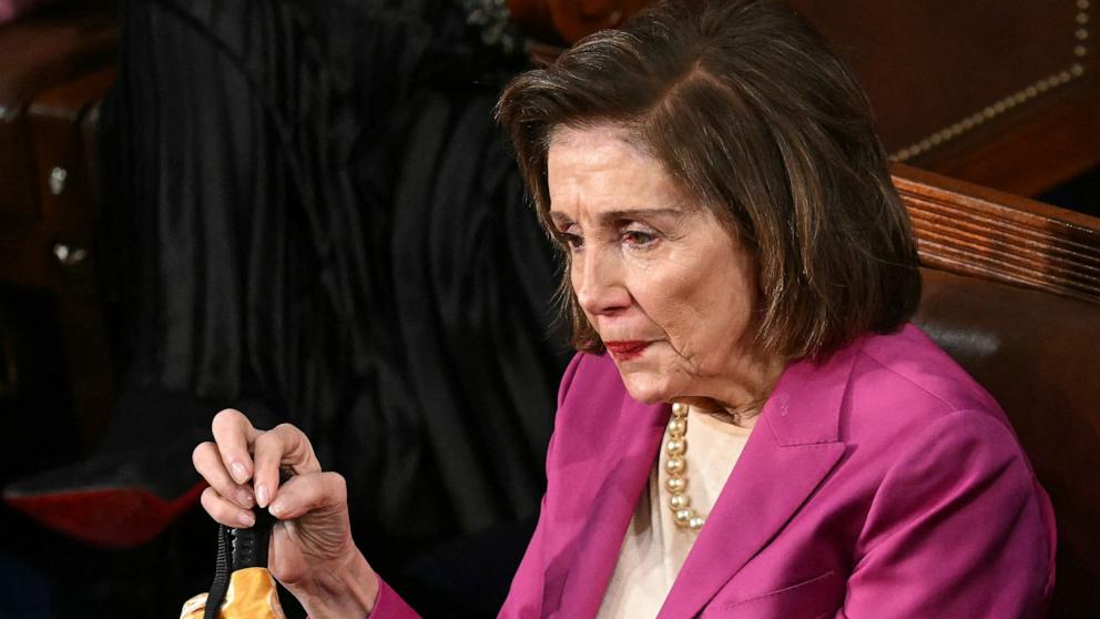 PHOTO: Rep. Nancy Pelosi listens as President Donald Trump speaks during an address to a joint session of Congress in the House Chamber of the US Capitol in Washington, Mar. 4, 2025.