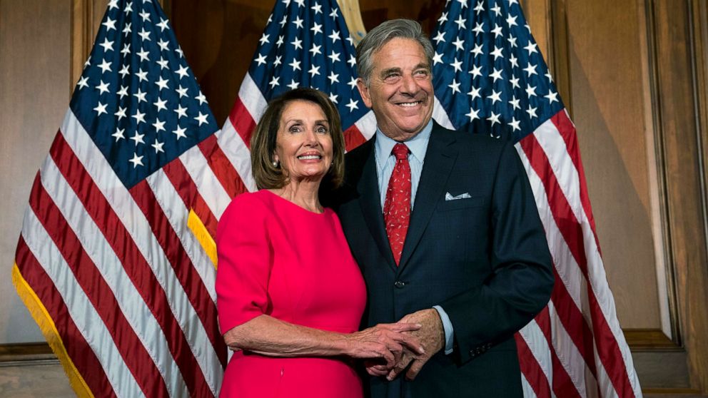 PHOTO: In this Jan. 3, 2019, file photo, House Speaker Nancy Pelosi stands with her husband, Paul Pelosi, during the ceremonial swearing-in of the 116th Congress in the Rayburn Room of the U.S. Capitol in Washington, D.C.