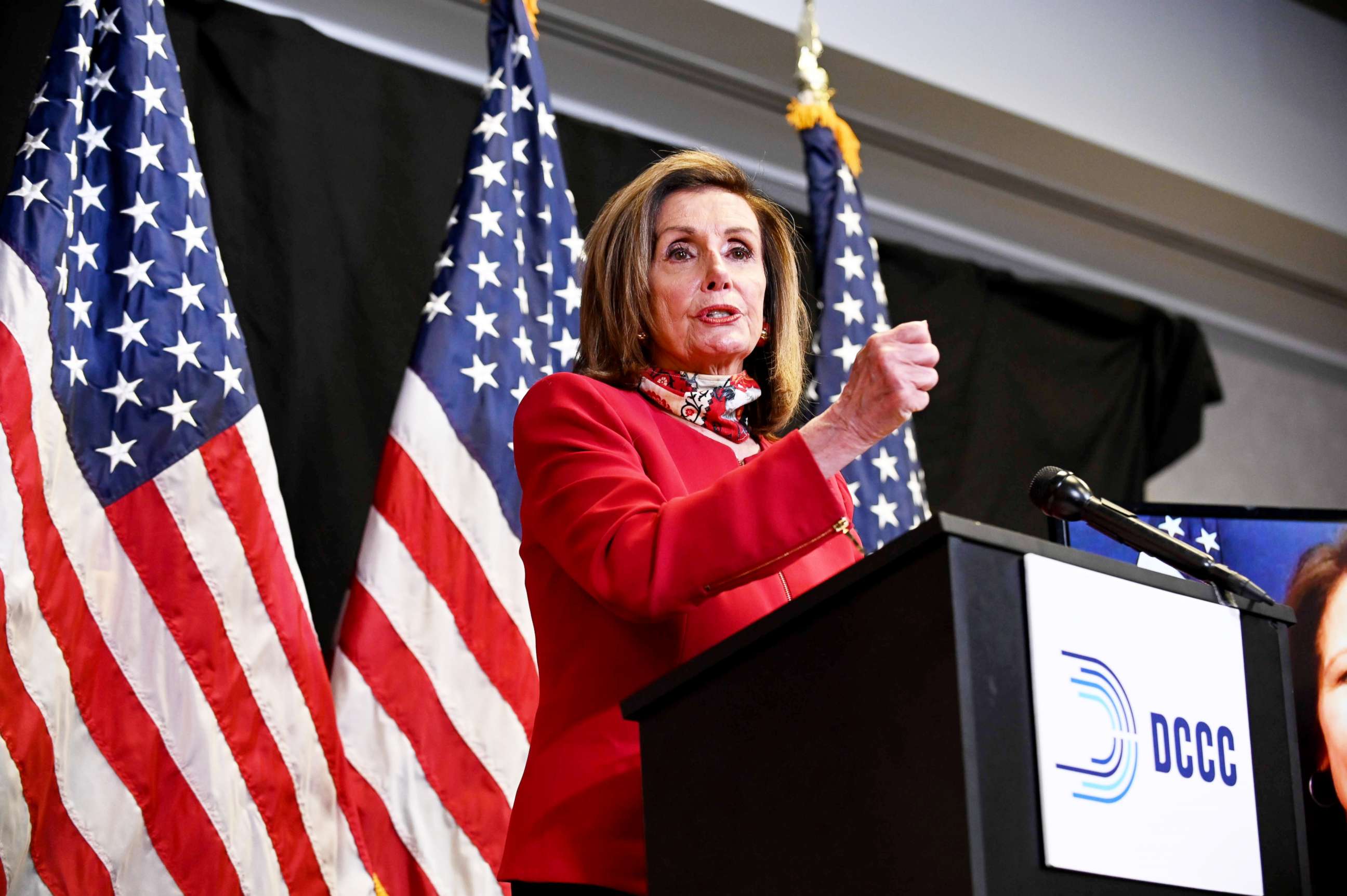 PHOTO: Speaker of the House Nancy Pelosi talks to reporters about Election Day results in races for the House of Representatives, at Democratic National Committee headquarters in Washington, Nov. 3, 2020.