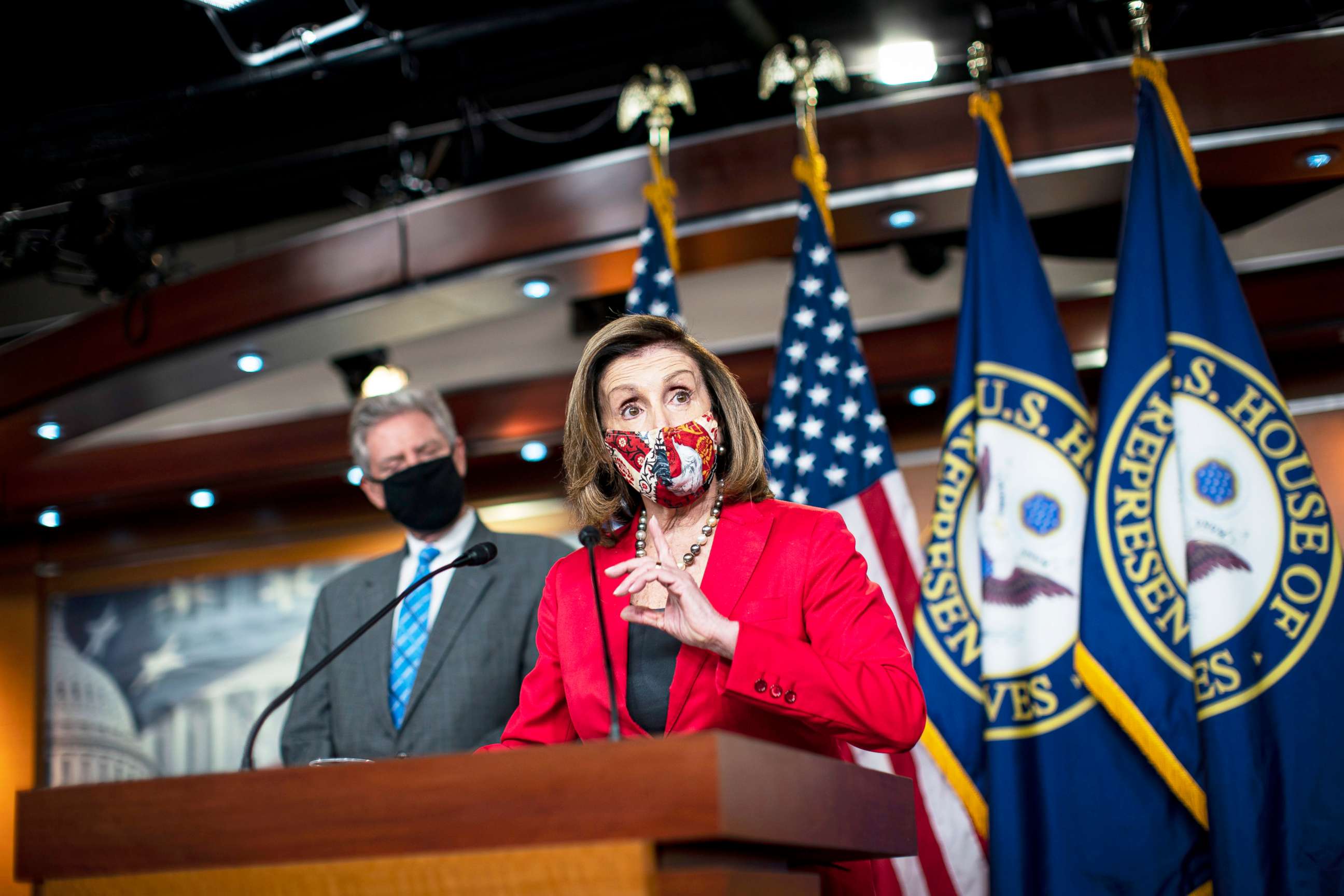 PHOTO: Speaker of the House Nancy Pelosi  talks to reporters during her weekly news conference  at the Capitol, Nov. 6, 2020.