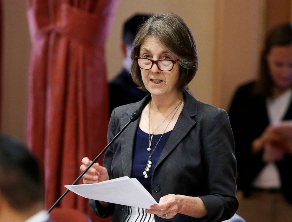 PHOTO: In this May 30, 2018, file photo, state Sen. Nancy Skinner speaks on the floor of the Senate in Sacramento, Calif.