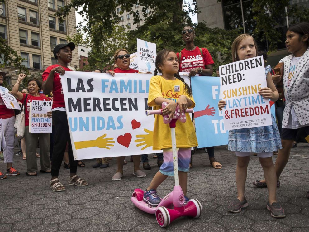 PHOTO: Activists, including childcare providers, parents and their children, protest against the recent family detention and separation policies for migrants near the offices of Immigration and Customs Enforcement (ICE), July 18, 2018 in New York City.