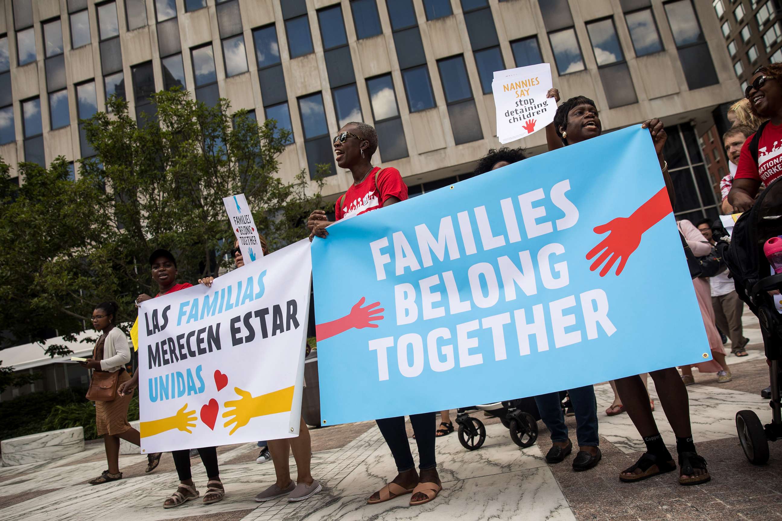 PHOTO: Activists, including childcare providers, parents and their children, protest against the recent family detention and separation policies for migrants near the offices of Immigration and Customs Enforcement (ICE), July 18, 2018 in New York City.