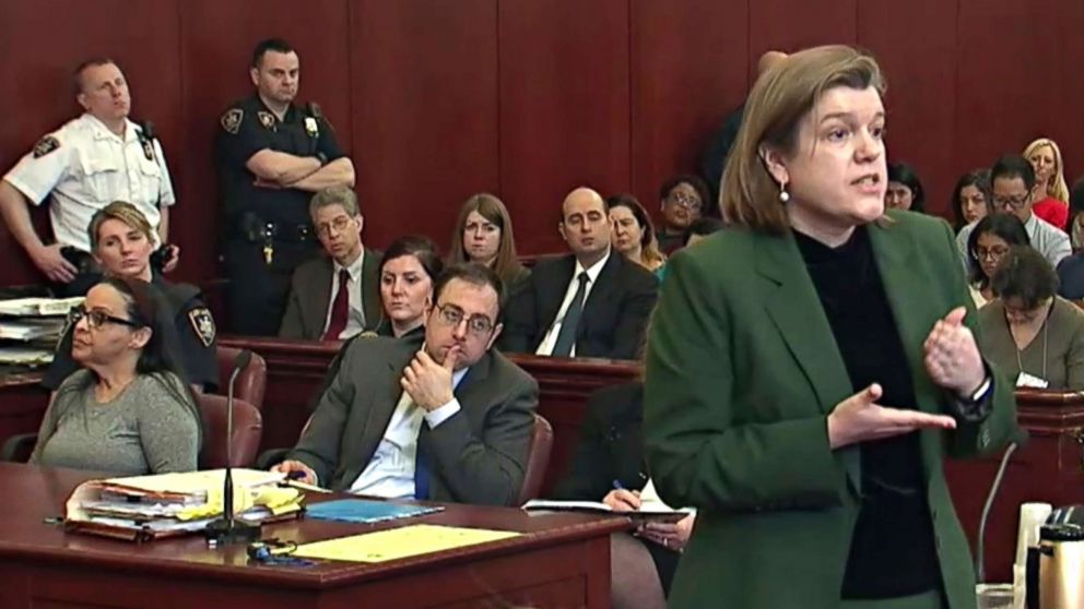 Asst. District Attorney Courtney Groves (R) addresses the jury in the trial of Yoselyn Ortega (L) a nanny employed by the Krim family, during the first day of her murder trial in the deaths of the two children in her care, in New York, March 1, 2018.  