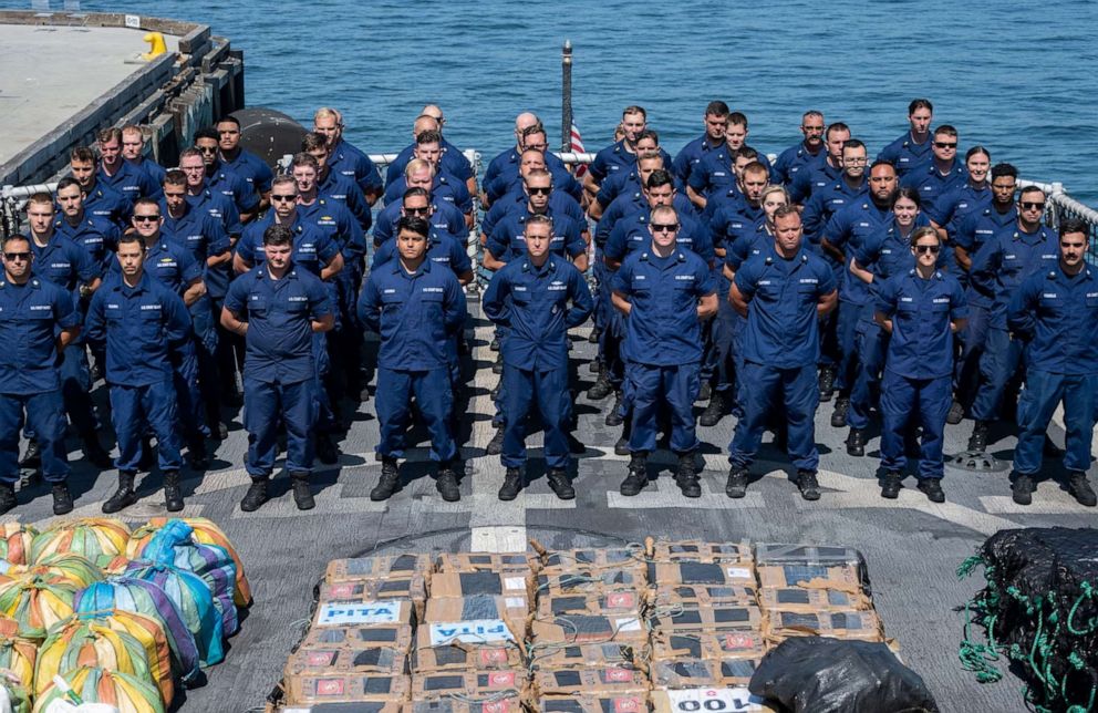 PHOTO: The crew of the Coast Guard Cutter Steadfast (WMEC 623) offloaded more than 11,600 pounds of cocaine and 5,500 pounds of marijuana worth an estimated $158 million in San Diego, July 17, 2023.
