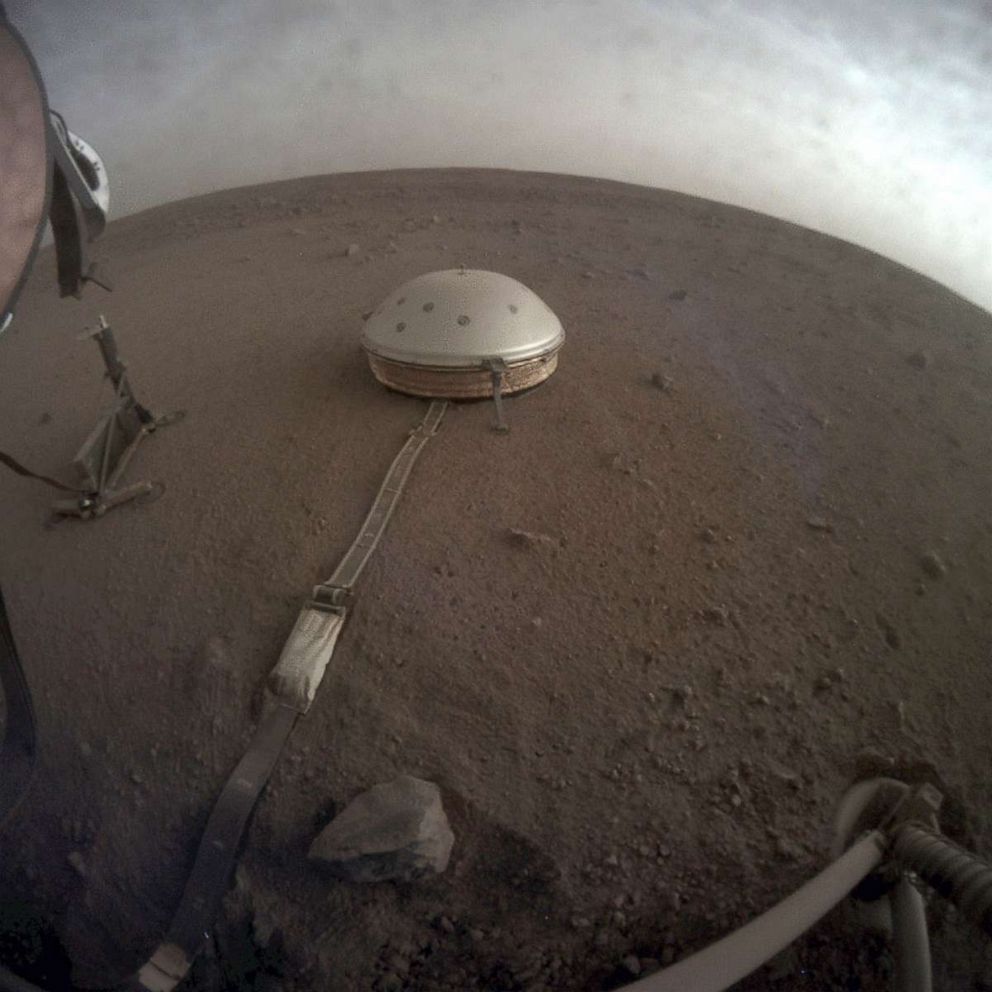 PHOTO: This April 25, 2019 photo made available by NASA shows the InSight lander's dome-covered seismometer, known as SEIS, on Mars.