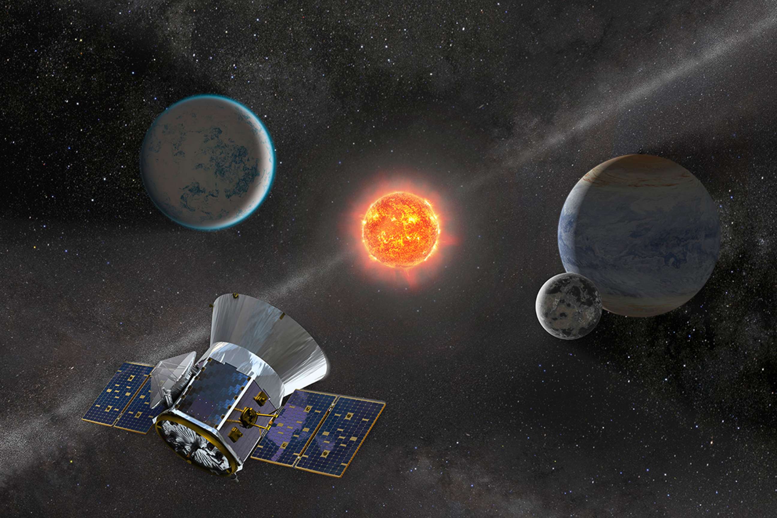 PHOTO: An illustration shows NASA's Transiting Exoplanet Survey Satellite observing an M dwarf star with orbiting planets.