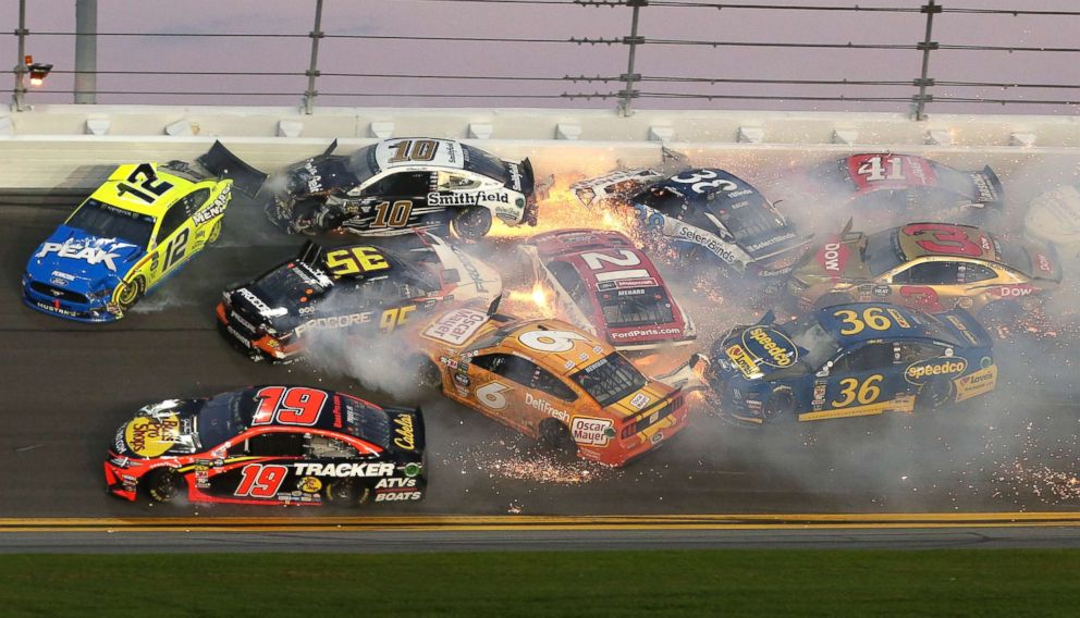 PHOTO: Multiple cars crash in turn 3 during the NASCAR Daytona 500 auto race at Daytona International Speedway, Feb. 17, 2019, in Daytona Beach, Fla. 