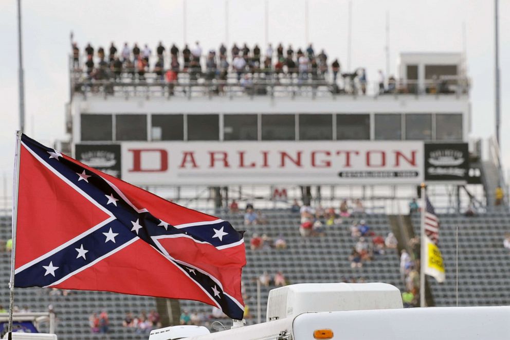 PHOTO: A Confederate flag flies in the infield before a NASCAR Xfinity auto race at Darlington Raceway in Darlington, S.C., Sept. 5, 2015.