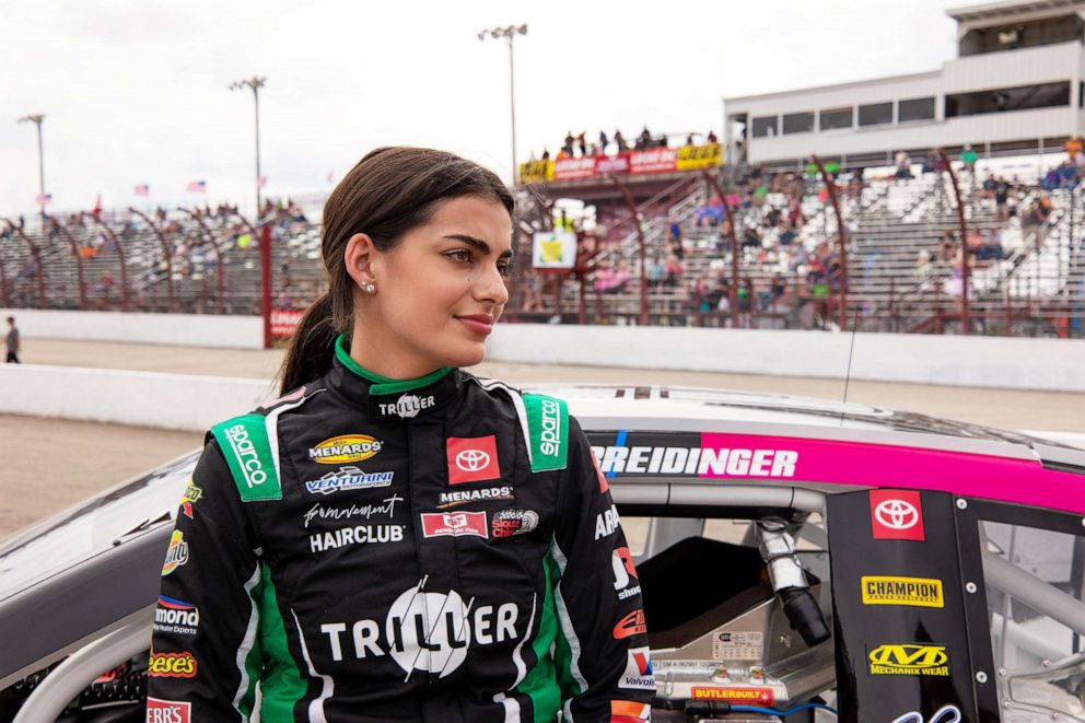 PHOTO: Toni Breidinger gets ready to race in the ARCA Menards Series Calypso Lemonade 200 in Winchester, Ind., July 31, 2021.