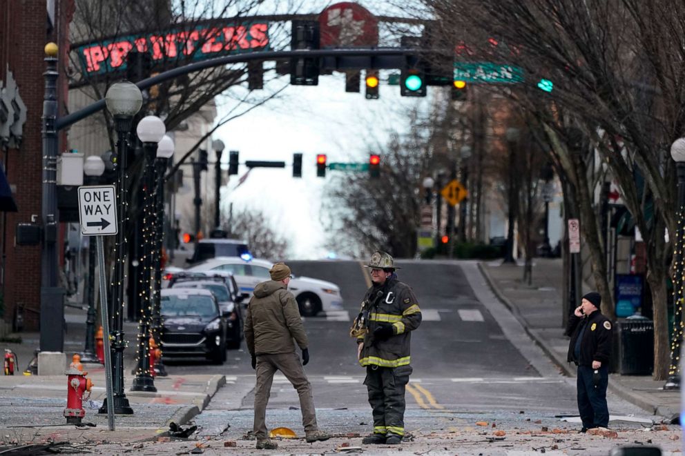 PHOTO: Emergency personnel work at the scene of an explosion in downtown Nashville, Tenn., Dec. 25, 2020.