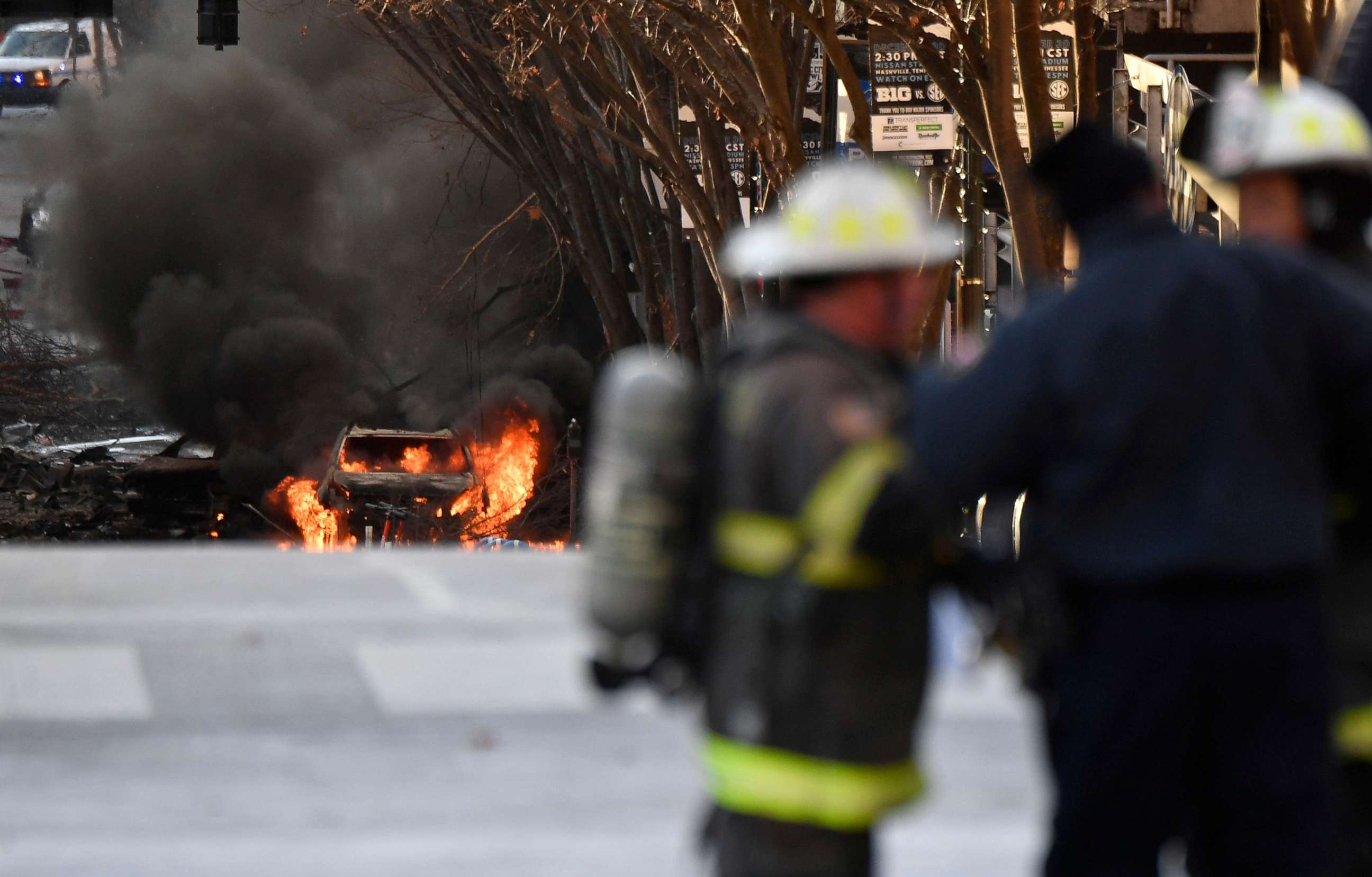 PHOTO: A vehicle burns near the site of an explosion in the area of Second and Commerce in Nashville, Dec. 25, 2020.