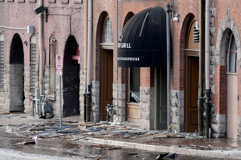 PHOTO: Debris scattered a near the scene of an explosion in downtown Nashville, Tenn., Dec. 25, 2020.