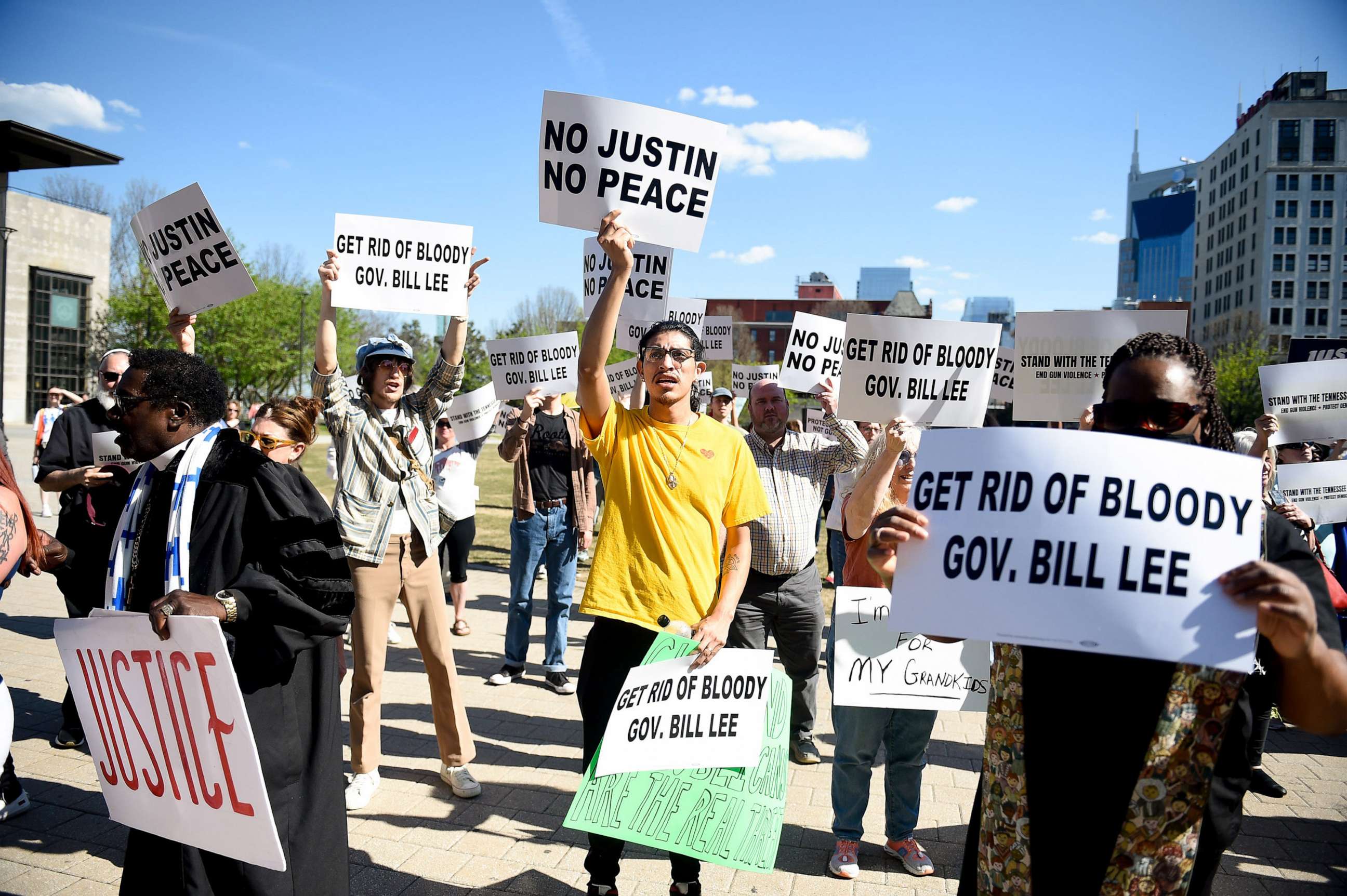 PHOTO: People rally in support of Justin Jones, Justin Pearson and Gloria Johnson, known as the Tennessee Three, in Nashville, Tenn. April 10, 2023.