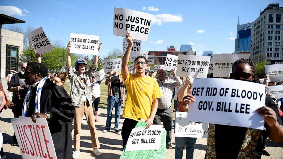 PHOTO: People rally in support of Justin Jones, Justin Pearson and Gloria Johnson, known as the Tennessee Three, in Nashville, Tenn. April 10, 2023.