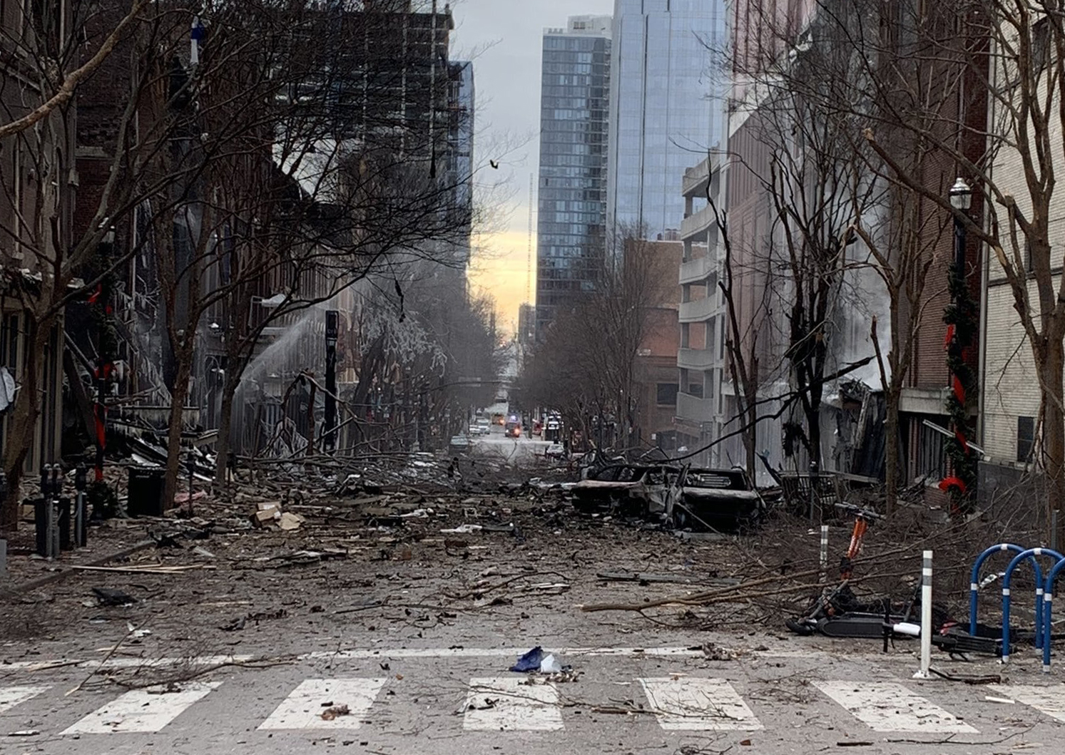 PHOTO: In this photo from the Twitter page of the Nashville Fire Department, damage is seen on a street after an explosion in Nashville, Tenn., on Dec. 25, 2020.