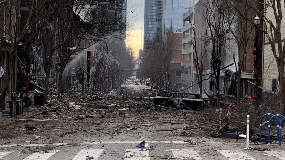 PHOTO: In this photo from the Twitter page of the Nashville Fire Department, damage is seen on a street after an explosion in Nashville, Tenn., on Dec. 25, 2020.