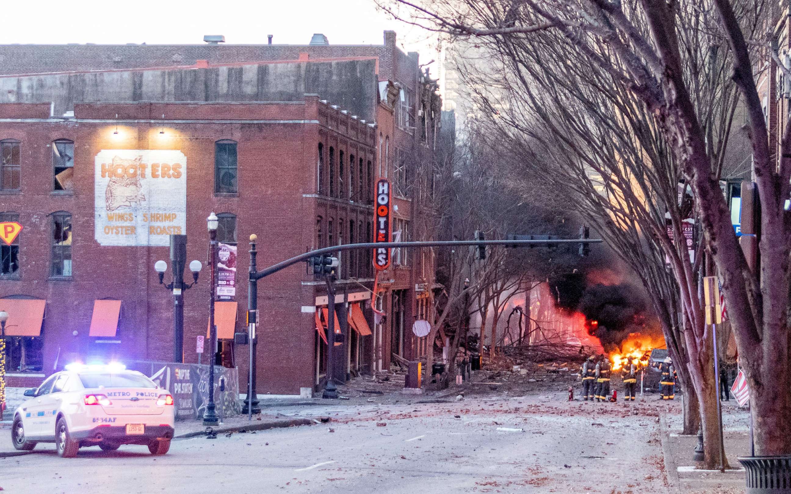 PHOTO: Debris litters the road near the site of an explosion in the area of Second and Commerce in Nashville, Tenn., Dec. 25, 2020.