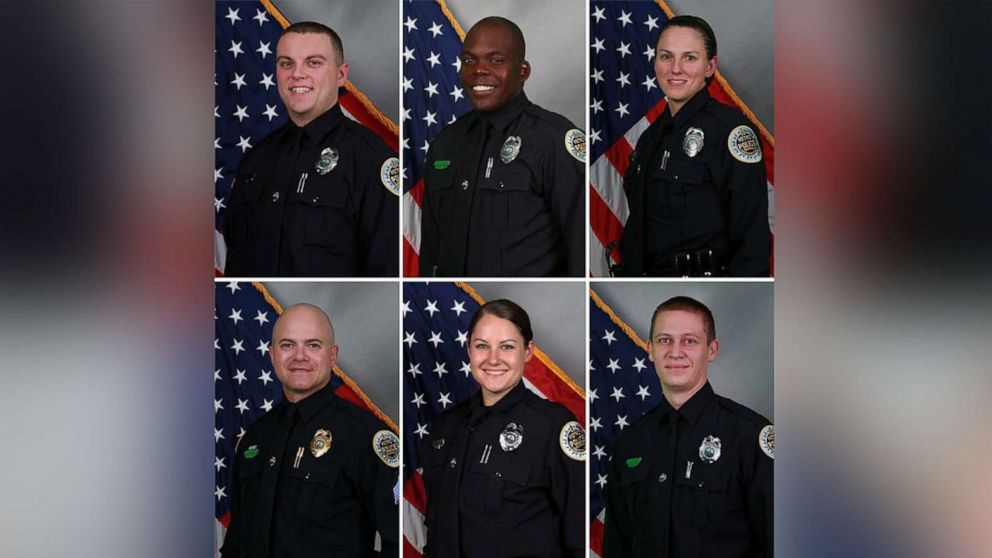 PHOTO:  Nashville police identified six officers who helped evacuate the area before an explosion on Dec. 25 (clockwise from top left):Michael Sipos, James Wells, Amanda Topping, James Luellen, Brenna Hosey, and Timothy Miller.