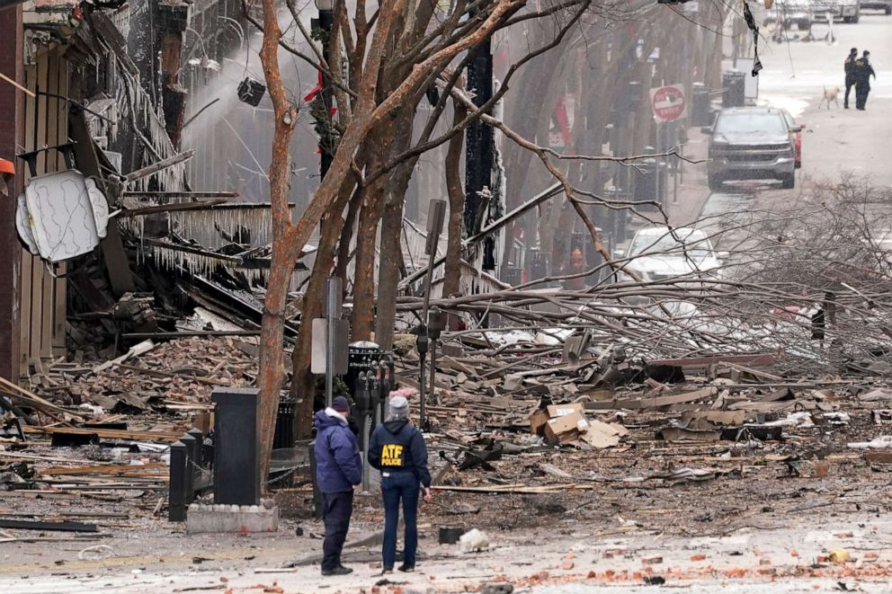 PHOTO: Emergency personnel work near the scene of an explosion in downtown Nashville, Tenn., Dec. 25, 2020.