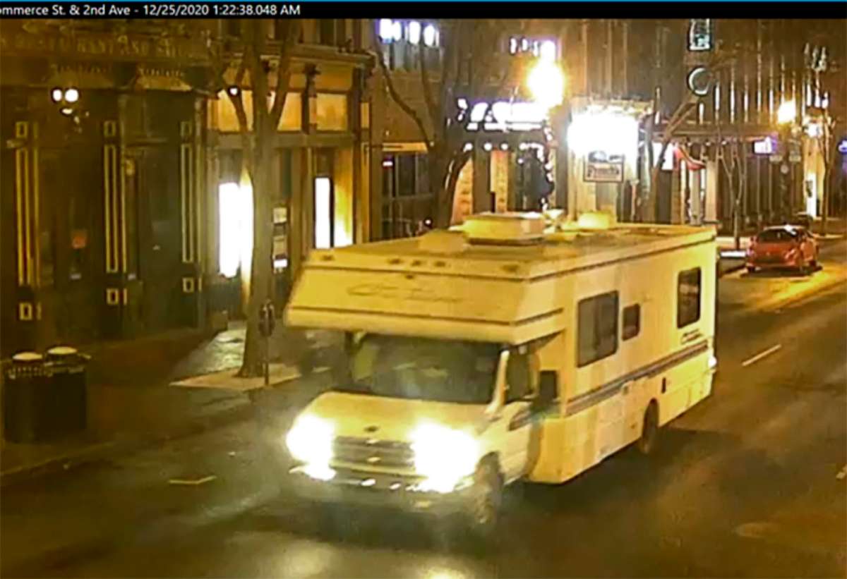 PHOTO: This image taken from surveillance video provided by Metro Nashville PD shows a recreational vehicle that was involved in a blast, Dec. 25, 2020, in Nashville, Tenn.