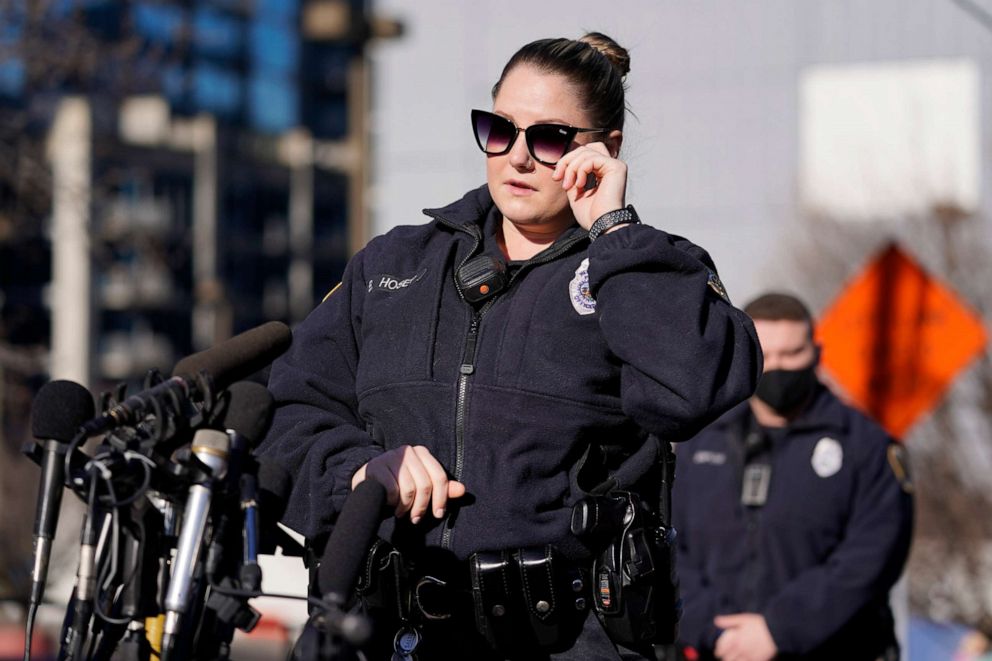 PHOTO: Nashville Police officer Brenna Hosey wipes her eye as she speaks at a news conference, Dec. 27, 2020, in Nashville, Tenn.