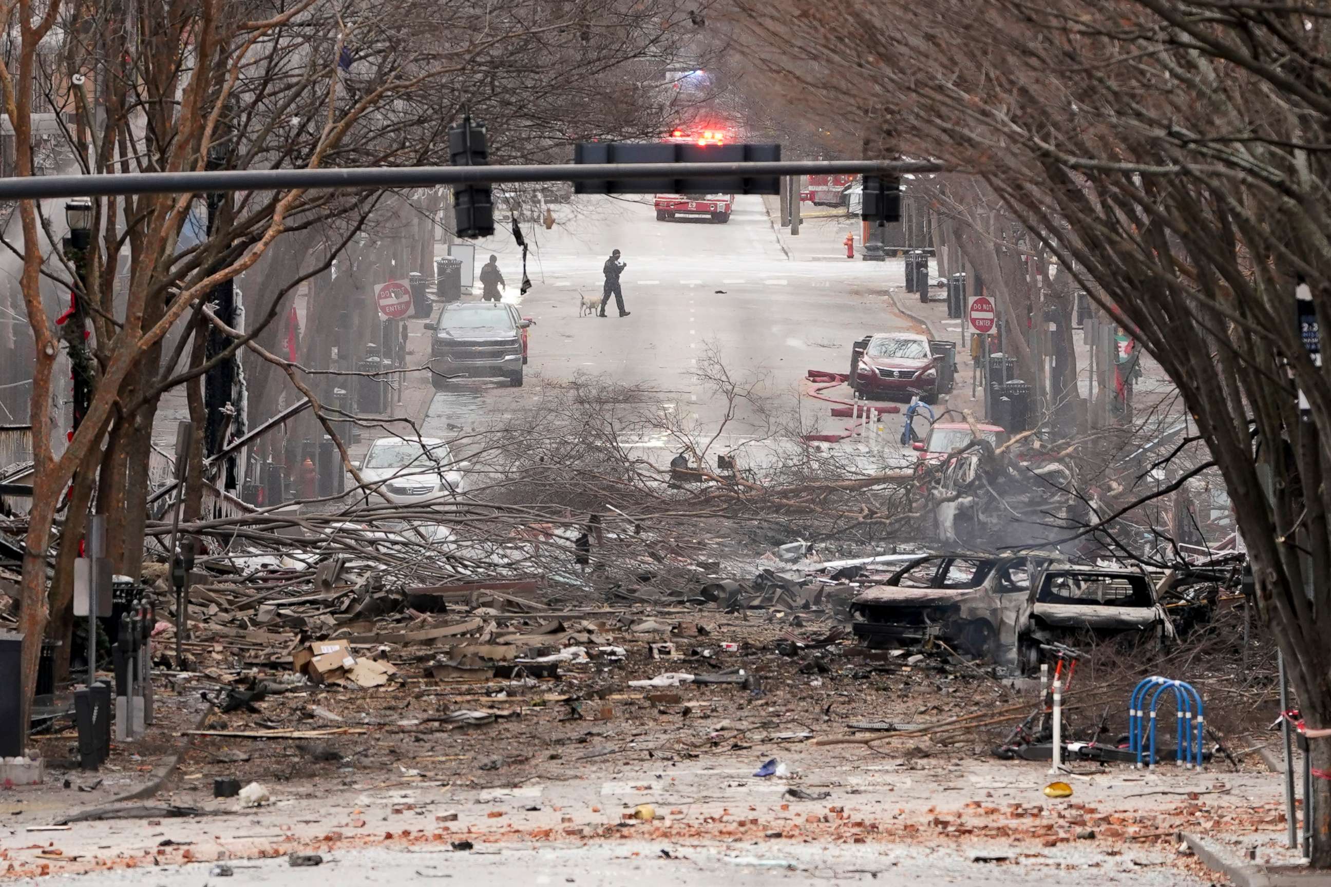 PHOTO: Emergency personnel work near the scene of an explosion in downtown Nashville, Tenn., Dec. 25, 2020.