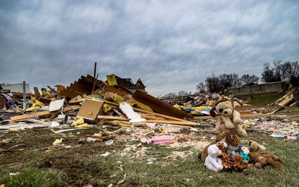 PHOTO: A memorial marks the destroyed home where a young girl was killed following a deadly tornado , March 4, 2020, in Cookeville, Tenn. Tornadoes ripped across Tennessee early the day before, shredding buildings and killing multiple people. 