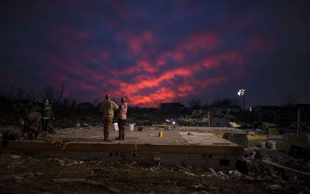 PHOTO: The sun sets on March 4, 2020,  behind the foundation of a home left after a tornado touched down the day before, in Cookeville, Tenn.
