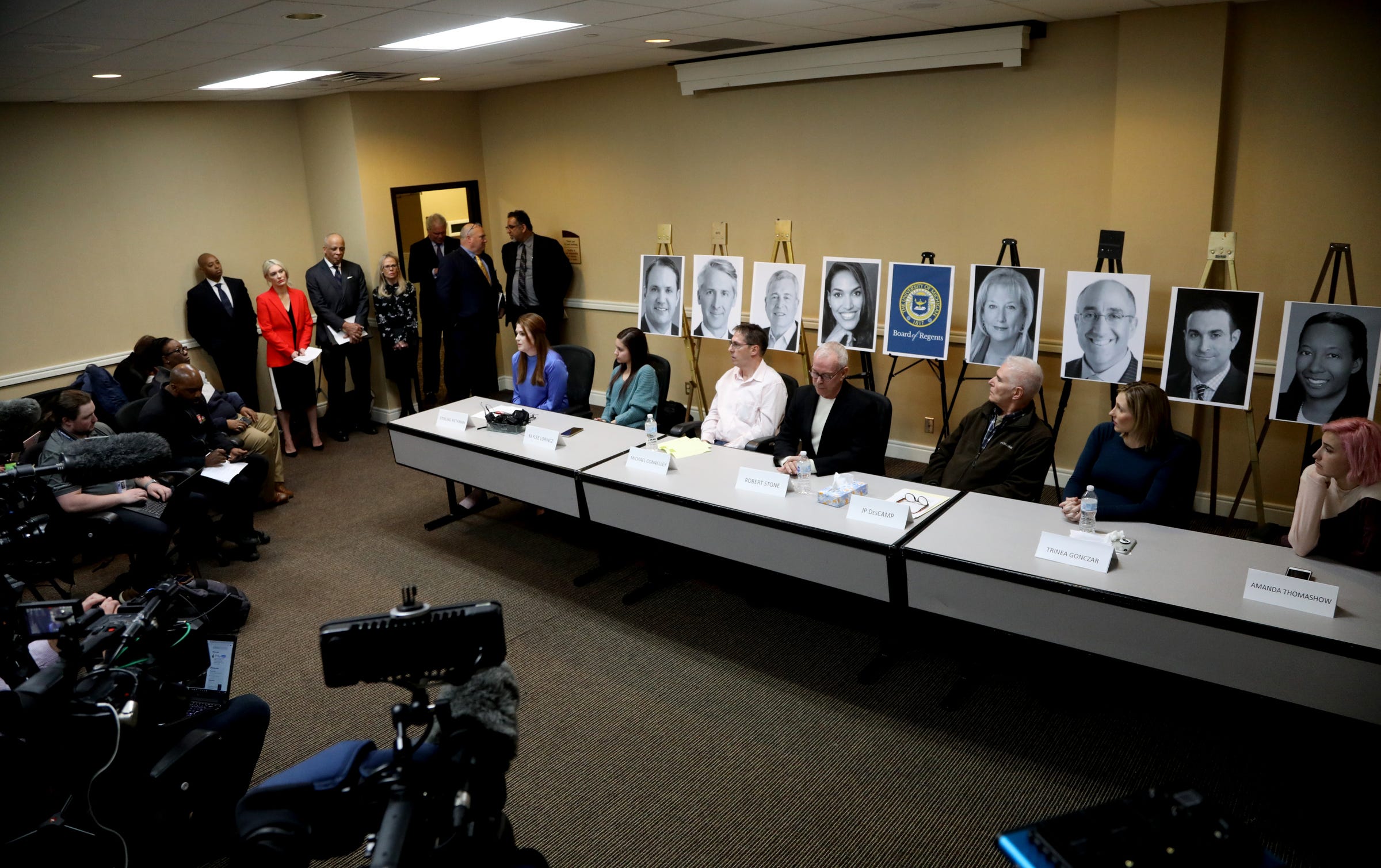 PHOTO: Victims of Larry Nasser and of Dr. Robert Anderson at the University of Michigan speak during a press conference at the Ann Arbor Marriott Ypsilanti at Eagle Creek in Ypsilanti, Mich., March 5, 2020.