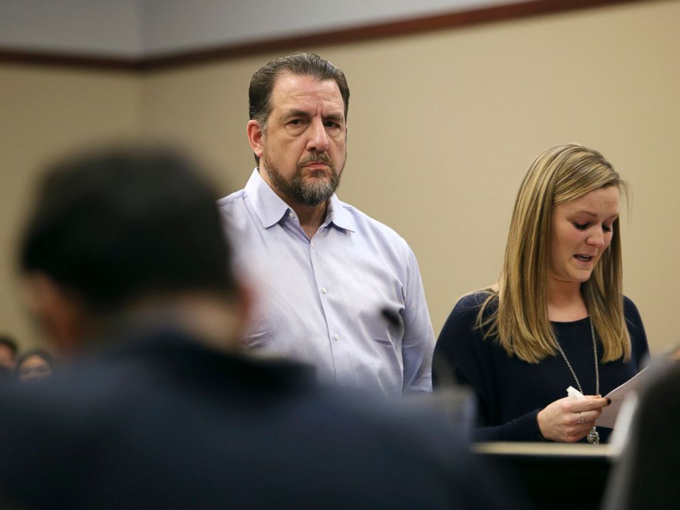 PHOTO: Thomas Brennan, a mentor and coach to former athlete Gwen Anderson, looks at Larry Nassar while Anderson speaks of Nassar's sexual assaults during victim impact statements regarding former sports medicine doctor Larry Nassar, Jan. 17, 2018. 