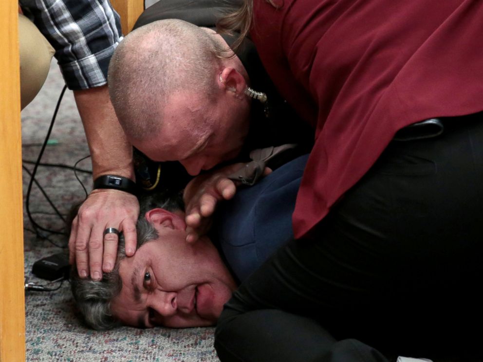 PHOTO: Eaton County Sheriffs restrain Randall Margraves after he lunged at Larry Nassar during victim statements of his sentencing in the Eaton County Circuit Court in Charlotte, Mich., Feb. 2, 2018.